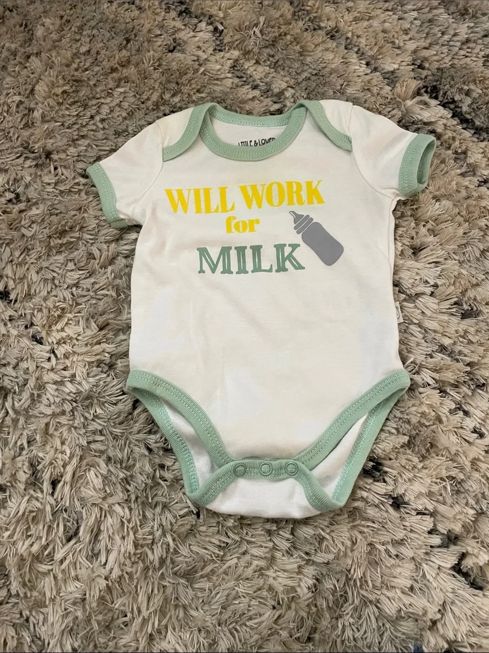 Will Work for Milk White Baby Bodysuit with Mint Trim by